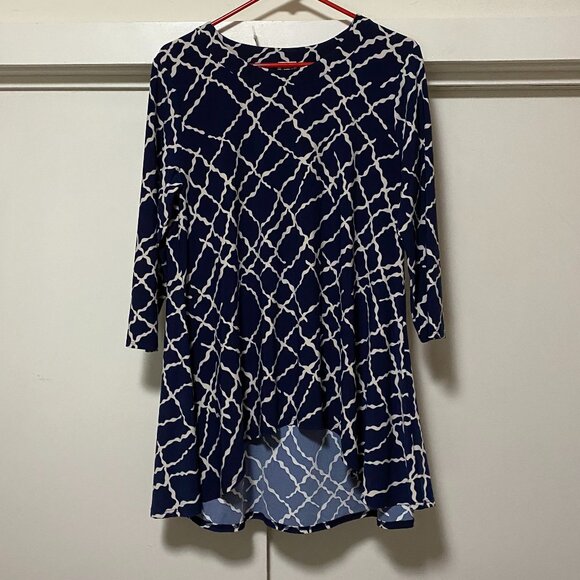 Anne Klein 3/4 length sleeve, navy & white asymmetrical tunic, size L - Picture 1 of 11